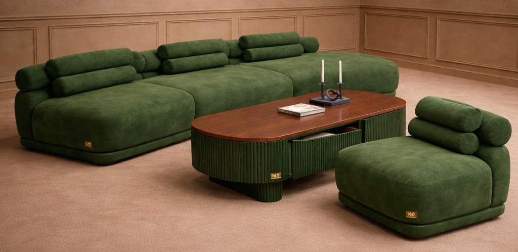 Bring timeless elegance and modern comfort into your home with the Emerald Luxe Modular Sofa Set. Designed for contemporary living spaces, this statement piece features a rich emerald green suede finish that adds depth and sophistication to any interior. The modular design allows flexible seating arrangements, making it perfect for both compact and spacious living rooms. Paired with a sleek wooden-top coffee table and matching single-seater ottoman, this set creates a cohesive and luxurious ambiance. Crafted with premium materials and attention to detail, the soft cushioning and ergonomic back support ensure unmatched comfort for everyday use and entertaining guests. Upgrade Your Living Space With Our Emerald Luxe Modular Sofa Set Featuring plush suede finish, matching ottoman, and designer coffee table. premium comfort meets modern luxury. cod available across India.